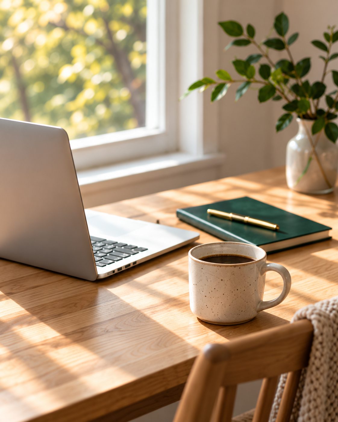 Schreibtisch mit Laptop und Kaffeetasse im Morgenlicht